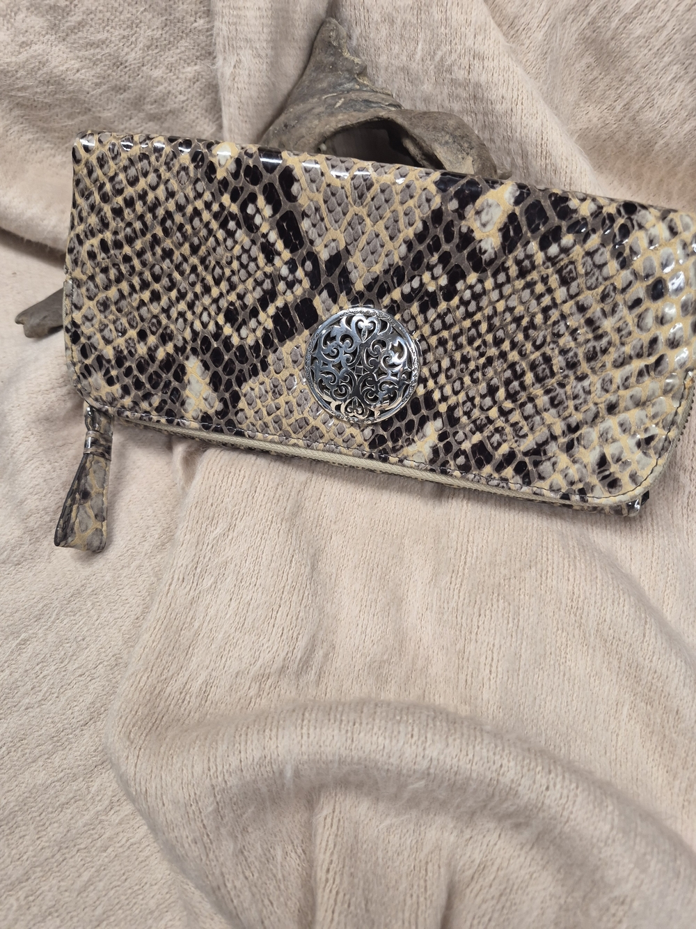 Brighton Snake-Print Zip Wallet in Tan and Black